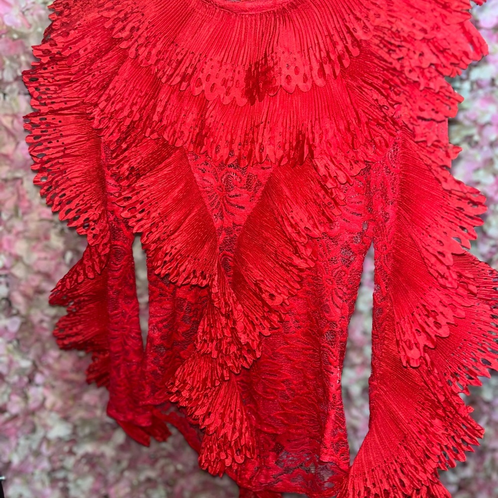Elegant Red Lace Ruffled Bodysuit